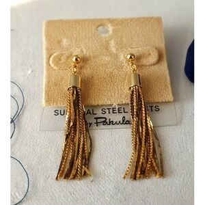 Pakula Tassel Earrings Gold Tone Dangle Drop Textured Surgical Steel Posts Korea